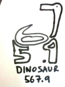 A drawing of a dinosaur, made from the number 567.9, which is the Dewey Decimal reference for Dinosaurs